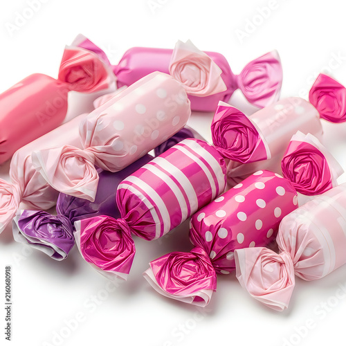 Assorted hard candies wrapped in shiny pink and white polka dot or striped foil wrappers isolated on a clean white background