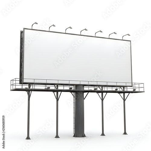 Large blank outdoor billboard structure with integrated floodlights isolated on a white background for advertising and marketing mockup