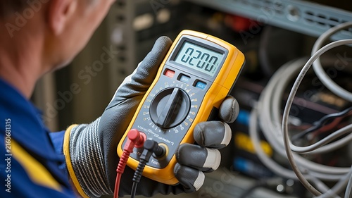 Plakat Electrician Using Digital Multimeter – Technician Measuring Voltage in Electrical Panel