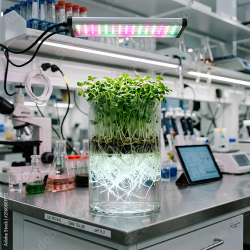 Hydroponic Microgreens Growing Under LED Light in Science Laboratory