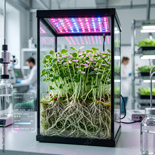 Hydroponic Microgreens Growing Under LED Lights in Modern Laboratory
