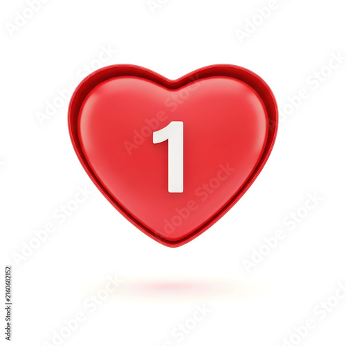 Red heart shape with number one inside as a 3d icon on white background