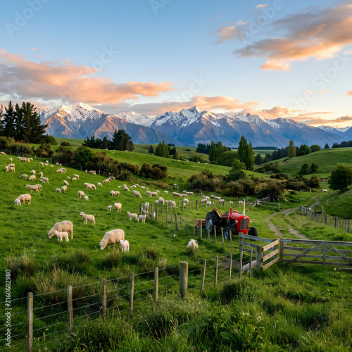 Idyllic Rural Landscape with Sheep Herd Red Tractor and Snow Capped Mountains