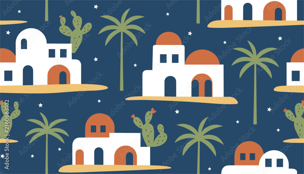 Naklejka premium Seamless pattern featuring traditional white Mediterranean houses, palm trees, and green cacti under a starry night.
