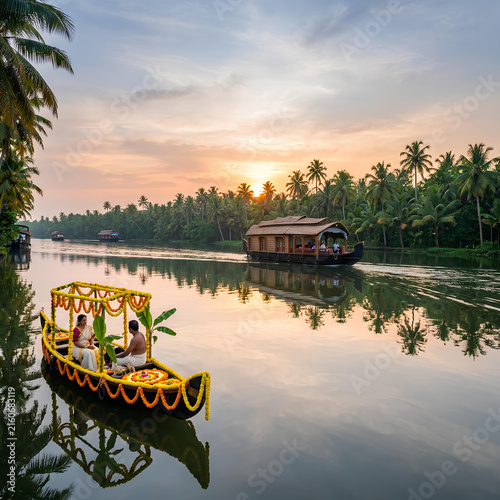 Indian Couple Celebrate Wedding on Decorated Boat in Kerala Backwaters at Sunset