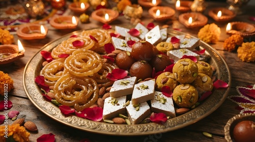 Assorted indian sweets platter featuring jalebi, gulab jamun, laddu, and kaju katli decorated with rose petals for a festive celebration