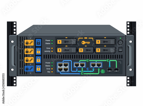 Network server rack unit vector, professional data center hardware with ethernet ports and security locks, flat tech illustration