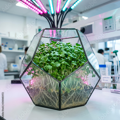 Indoor Farming Experiment Microgreens Growing in Geometric Terrarium with LED Grow Lights