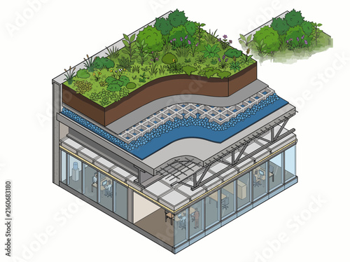 Isometric Green Roof Architecture Section with Insulation and Drainage Systems. Sustainable Building Design Concept with Vegetation Layers and Soil. Modern Eco-Friendly Urban Structure