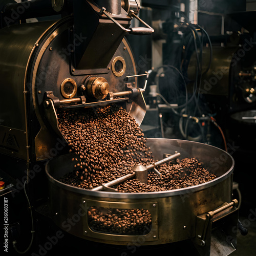 Industrial Coffee Roaster Machine Roasting Beans in a Factory Setting