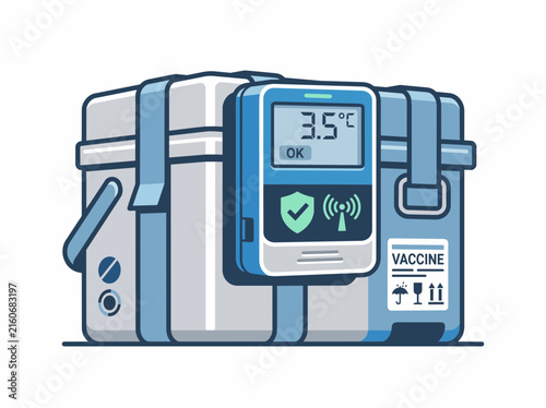 Medical temperature monitoring device, smart data logger showing 3.5 degrees celsius ok reading attached to vaccine cooler box for healthcare transportation