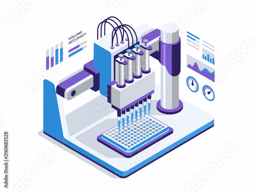 Isometric laboratory concept illustration of pipette machine device for biotechnology research. DNA extraction, testing analysis with graph charts in modern blue style.