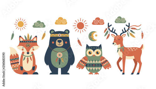 Cute woodland animals in tribal style including a fox bear owl and deer decorated with feathers and boho details.