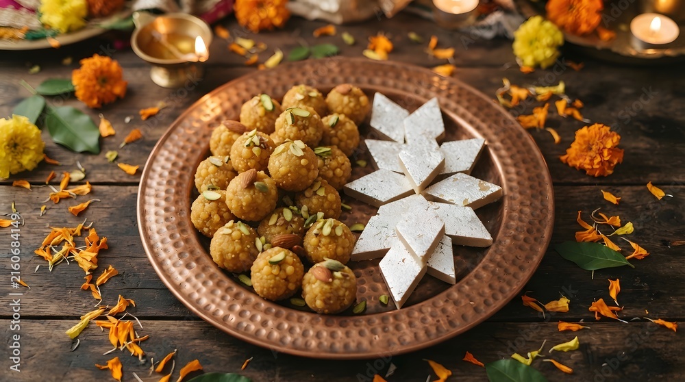 Fototapeta premium A copper plate filled with motichoor ladoo and kaju katli indian sweets, decorated with marigold flowers on a rustic wooden table for diwali festival