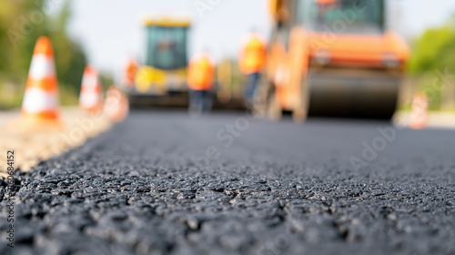 Road construction worker paving asphalt with roller machinery and traffic cone, fresh black pavement in blurred outdoor work zone conveys active infrastructure renewal and roadway maintenance