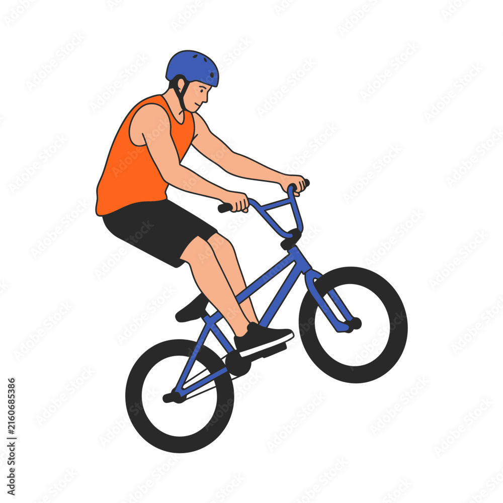 Fototapeta premium A young cyclist performing an impressive wheelie trick on a freestyle stunt bike isolated on a clean white background