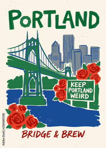 Portland Oregon Travel Poster Illustration with St Johns Bridge and Roses