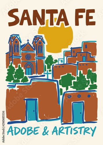 Santa Fe New Mexico Travel Poster with Stylized Adobe Architecture and Cathedral Illustration