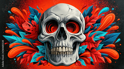 Colorful Skull with Tropical Leaves and Abstract Splashes Created with Generative AI Technology AI Generative