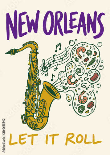 Saxophone with Gumbo Ingredients Illustration for New Orleans Jazz Culture and Travel Poster