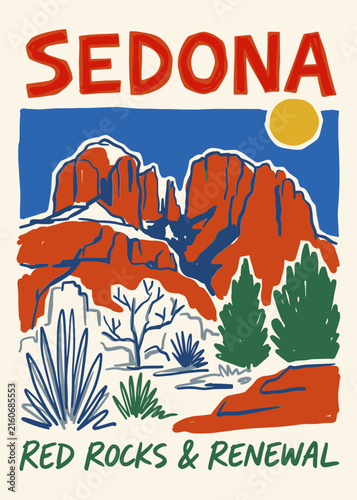 Sedona Red Rocks Retro Illustration Travel Poster for Wellness and Tourism