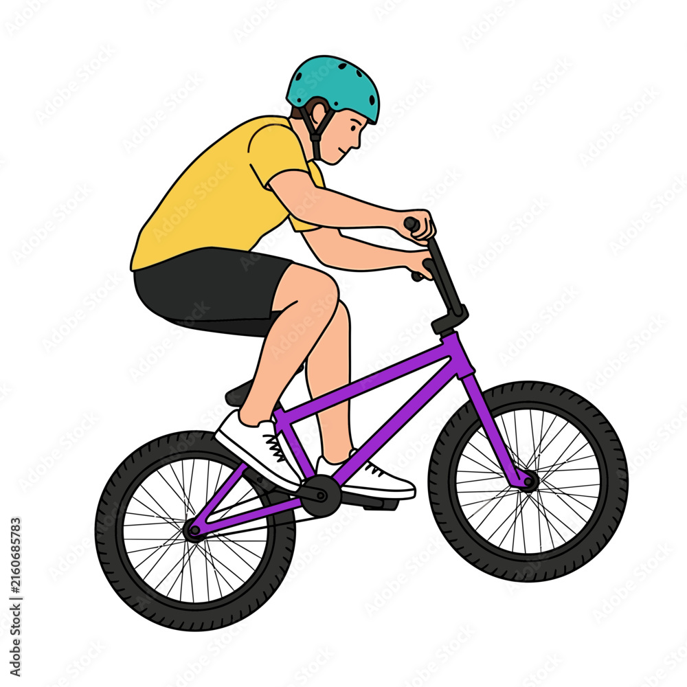 Obraz premium Young male cyclist riding a purple BMX bicycle performing stunts wearing safety helmet and yellow shirt on white background