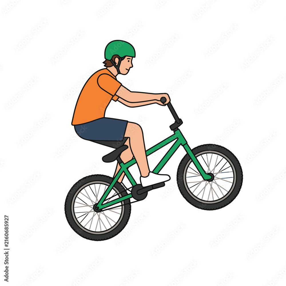Fototapeta premium Professional Stunt Rider Performing a BMX Wheelie Trick on a Green Bike Illustration