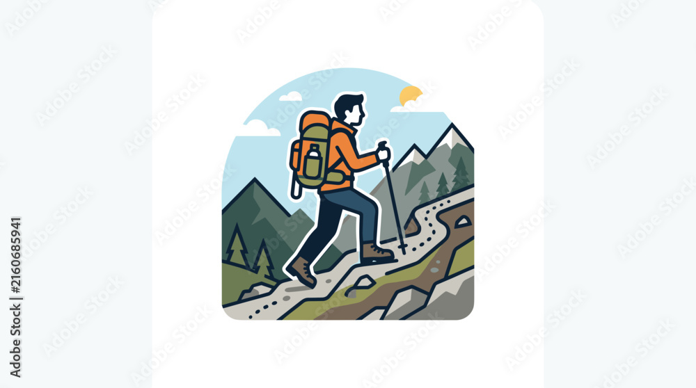 Fototapeta premium Minimalist vector illustration of a man hiking up a mountain trail with a backpack