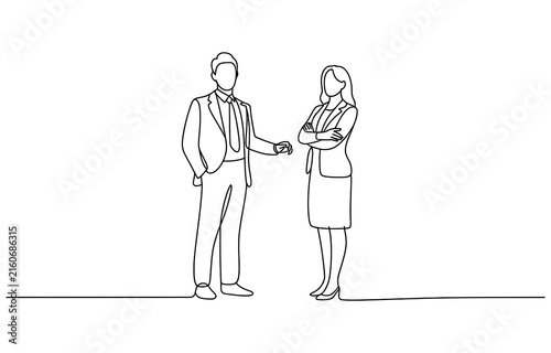 Continuous single line drawing of businessman and businesswoman standing together Vector, illustration
