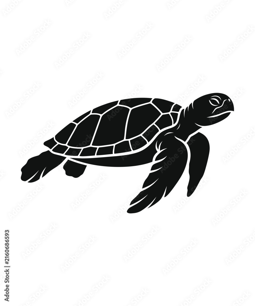 Fototapeta premium Black silhouette of a sea turtle swimming gracefully across a white background