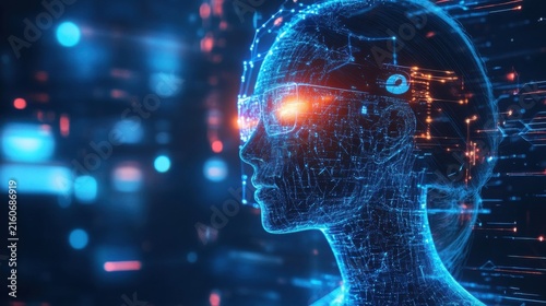 Futuristic human head with glowing blue circuits and red eye in a dark technological background representing ai and innovation