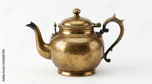 Vintage Hammered Brass Teapot with Ornate Handle on White Background