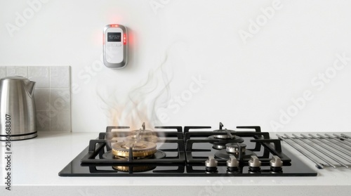 Gas leak detector sensor with red alert light above a kitchen stove