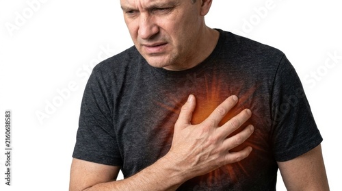 Man suffering from chest pain clutching heart on white background