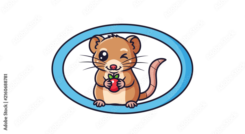 Obraz premium winking mouse holding strawberry, cute cartoon animal