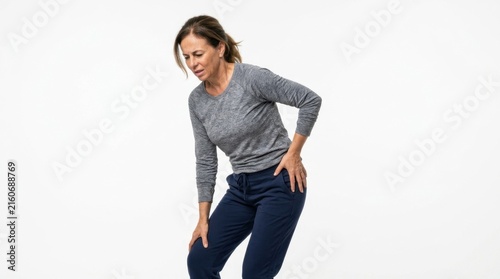Middle aged woman suffering from joint pain on white background