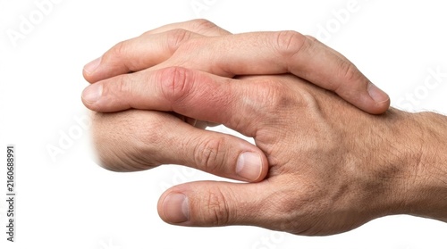 Close up of person holding painful swollen finger joint
