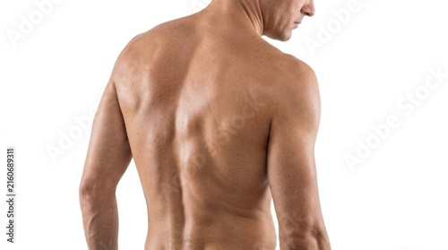 Rear view of a muscular shirtless man on a white background