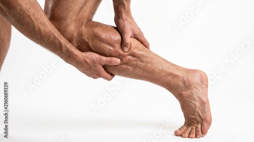 Muscular man holding painful calf muscle after sport injury