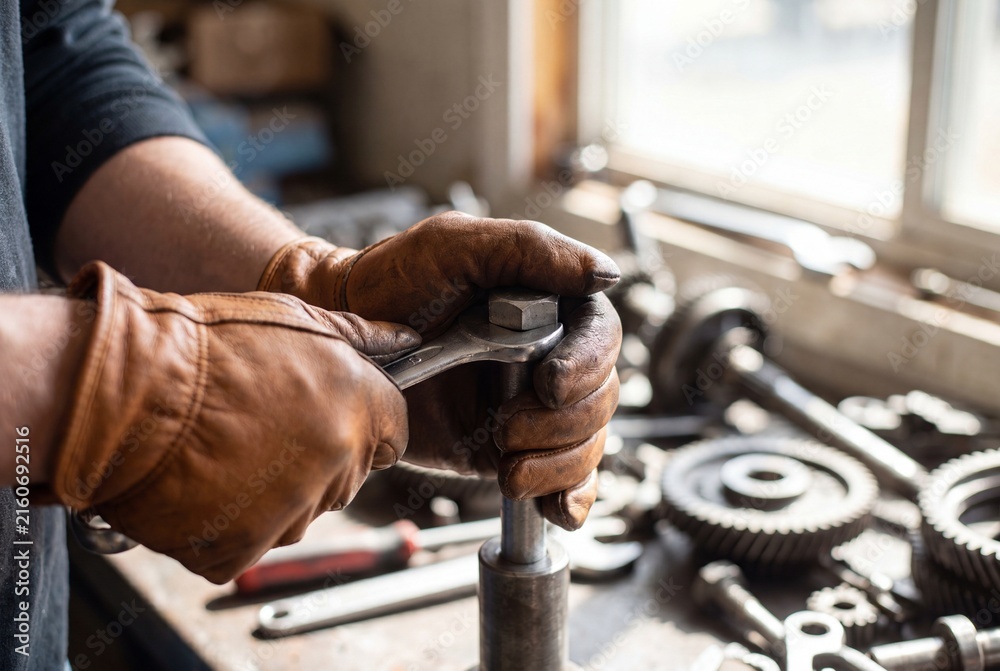 Obraz premium Mechanic Using a Wrench to Tighten a Bolt on Metal Components in a Workshop