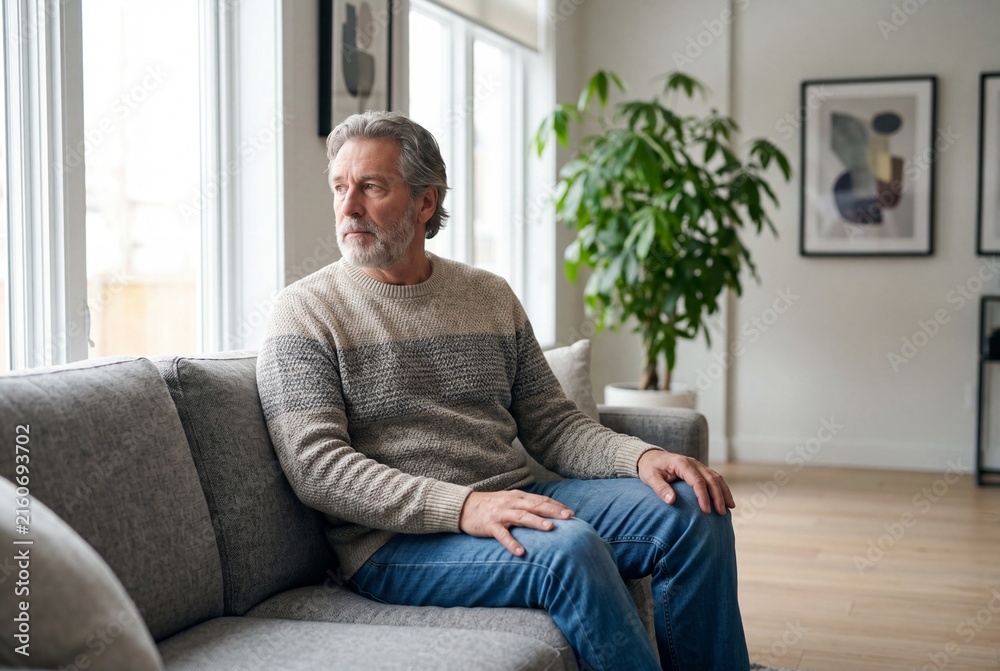 Fototapeta premium Pensive Senior Man Sitting on Comfortable Sofa in Modern Home Living Room