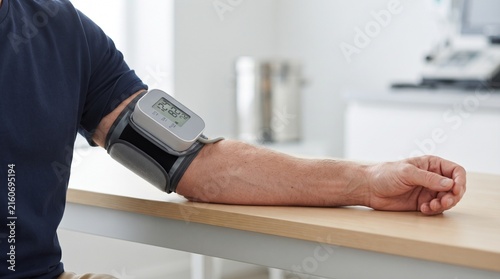 Man using digital blood pressure monitor on his arm for health checkup in a bright medical room.