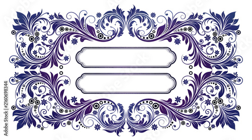 Elegant floral flourish frame border with purple swirls for wedding invitations