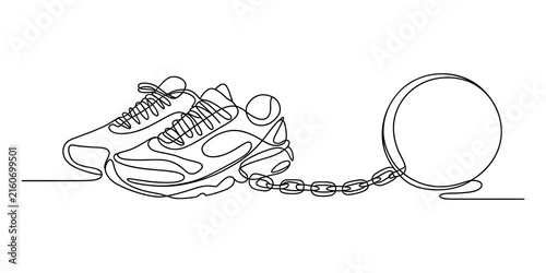 Running shoes tied to a heavy iron ball in a continuous one line drawing style