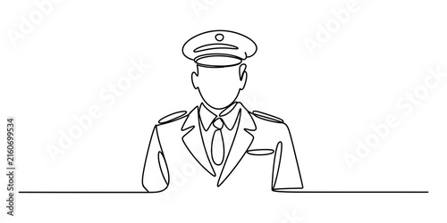 Continuous single line drawing of an airplane pilot wearing a uniform and hat