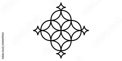 Abstract geometric pattern with four circles and star shapes in black lines