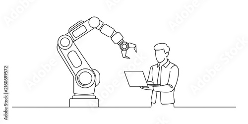 Engineer using laptop to control robotic arm in a continuous line drawing style