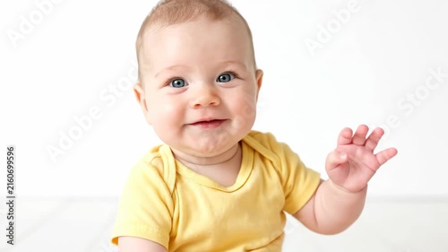 Smiling baby in yellow shirt waving hands on bright white background