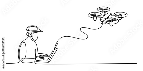Continuous line drawing of a person with a laptop controlling a flying drone