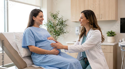 Female doctor in white coat and pregnant woman in gown, with gentle hand placement on baby bump, conducting abdominal examination on medical table, in modern clinical room, obstetrics healthcare